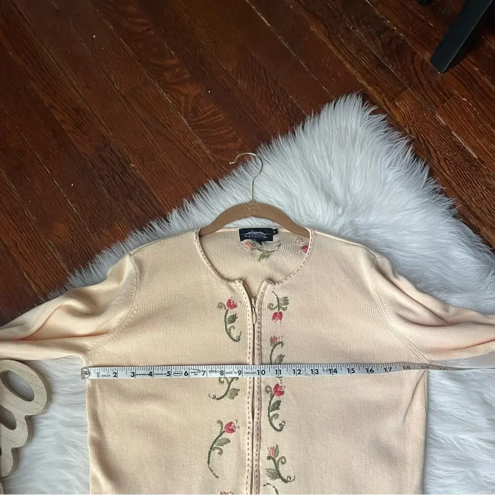 Vintage Yellow Sweater Jacket With Floral Embroidery Size small